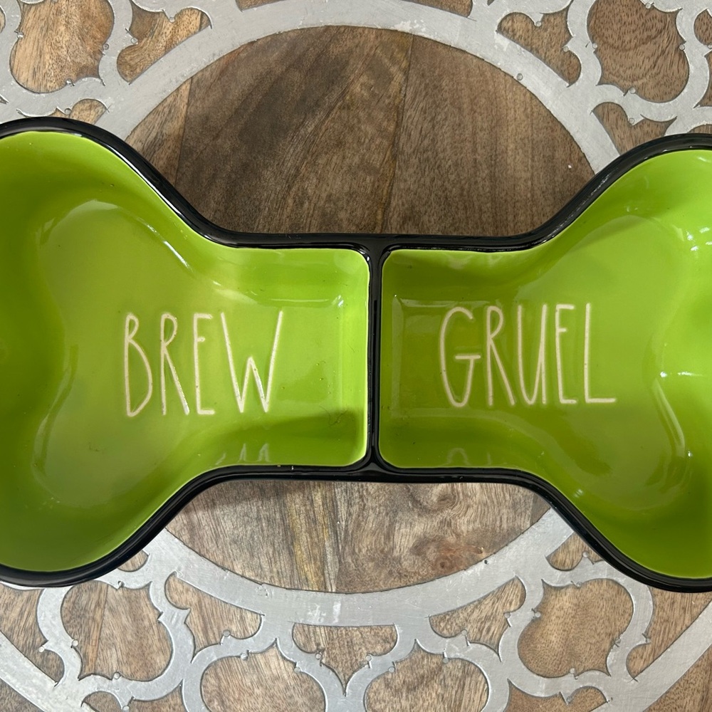 Rae Dunn Green Double Dog Bowl